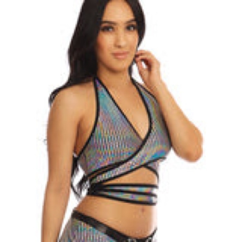 Holographic Wrap Halter Top